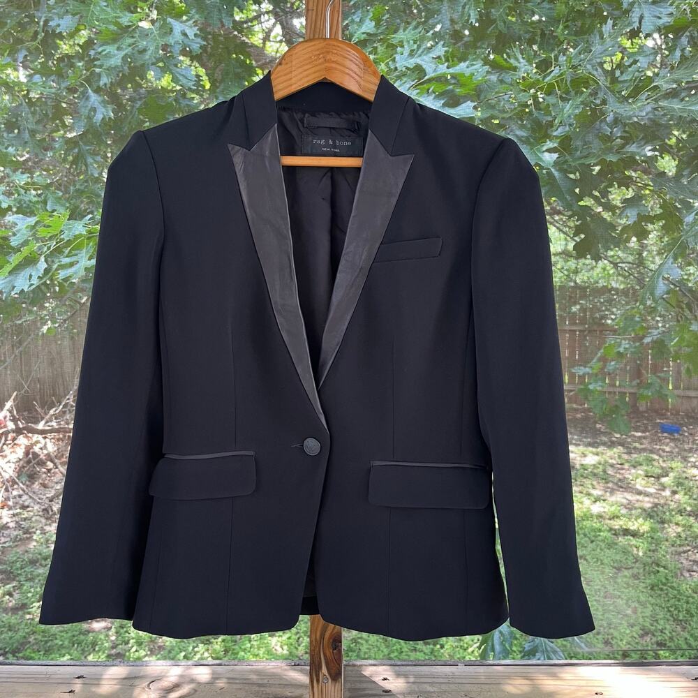 Rag & Bone Women's Black Tuxedo Style Leather Trimmed Jacket Size 2. NWOT